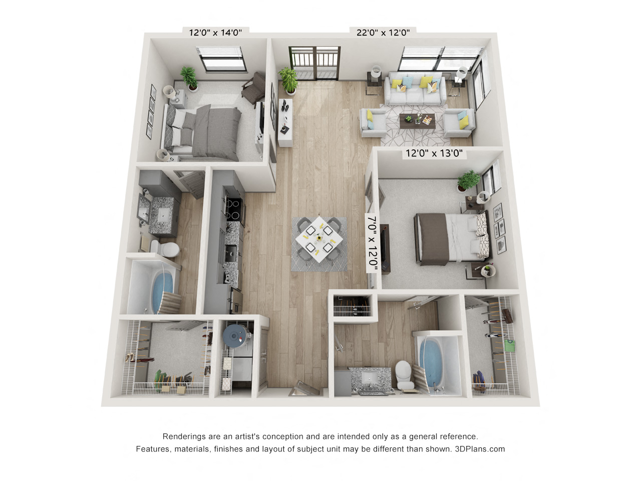 Floor plan for 2 beds, 2 baths, 1231 sqft